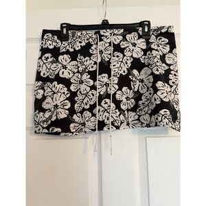 Y2K Tracy Evans Hibiscus Print Skort Women's 13 Black White Drawstring Tropical